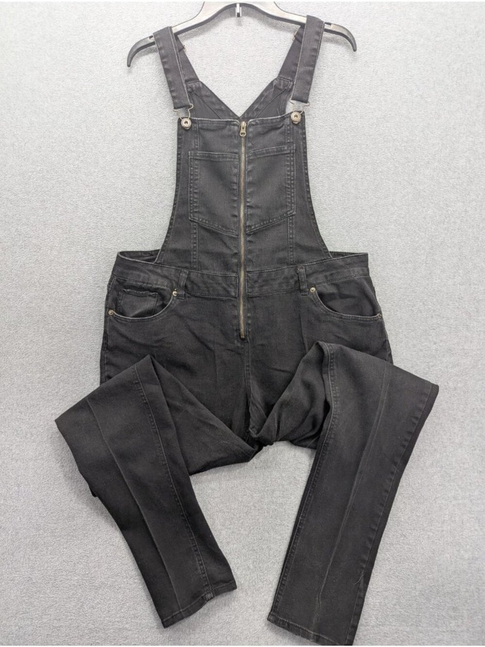 Highway Jeans Overalls Womens 16 Black Denim Bib Zip Front Stretch Skinny Leg
